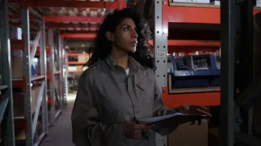 A female maintenance worker in a jumpsuit holding a clipboard and inspecting stock levels in a dimly lit industrial warehouse.