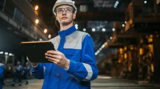 Industrial worker in blue uniform inspecting large-scale factory equipment using a mobile CMMS device for preventive maintenance checks.