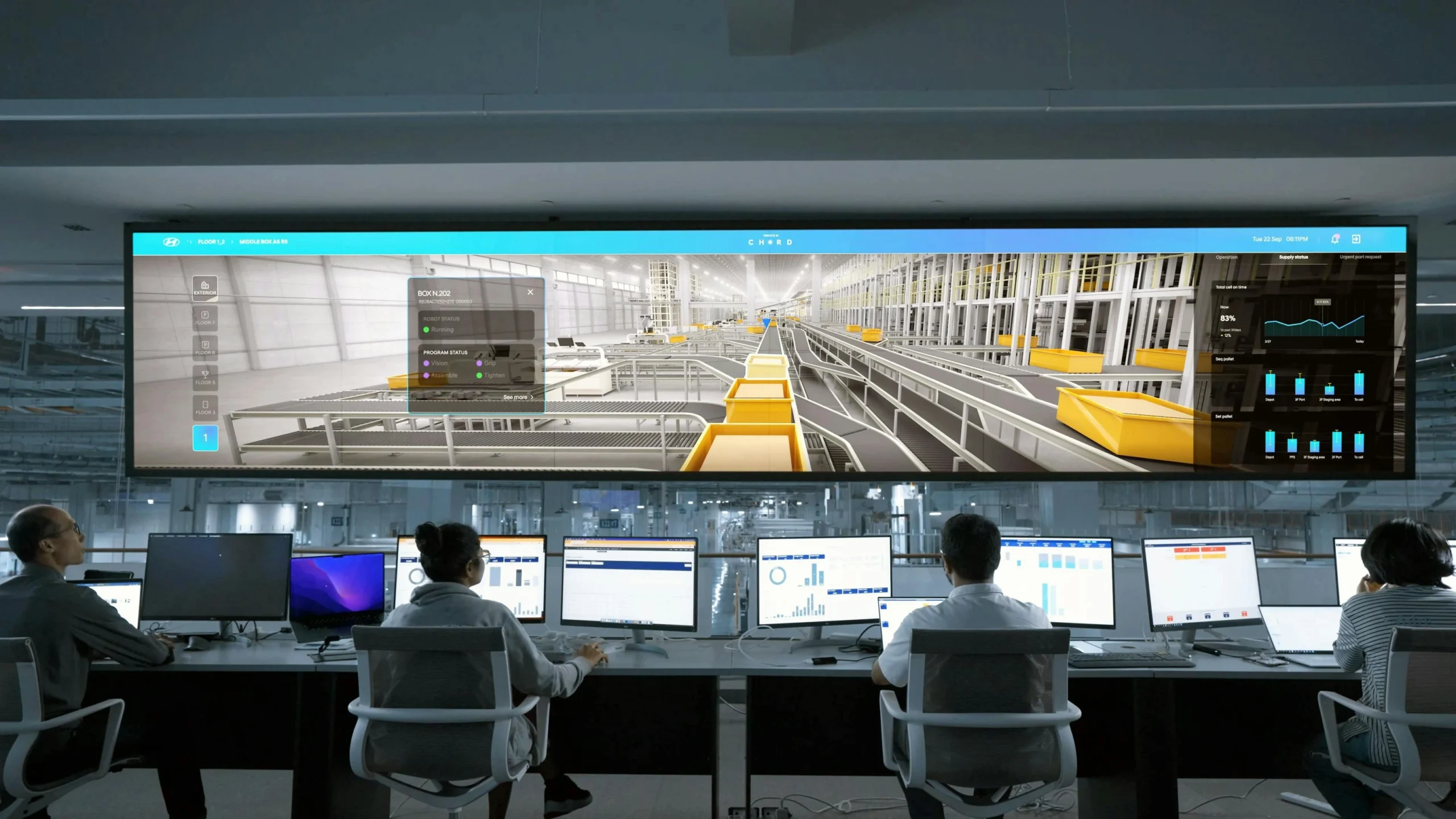 A high-tech industrial control room featuring a large digital twin dashboard of a warehouse conveyor system with real-time analytics.