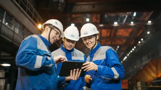 Three technicians in an industrial setting using a tablet to access mobile CMMS features, allowing them to log maintenance activities directly where the work happens.